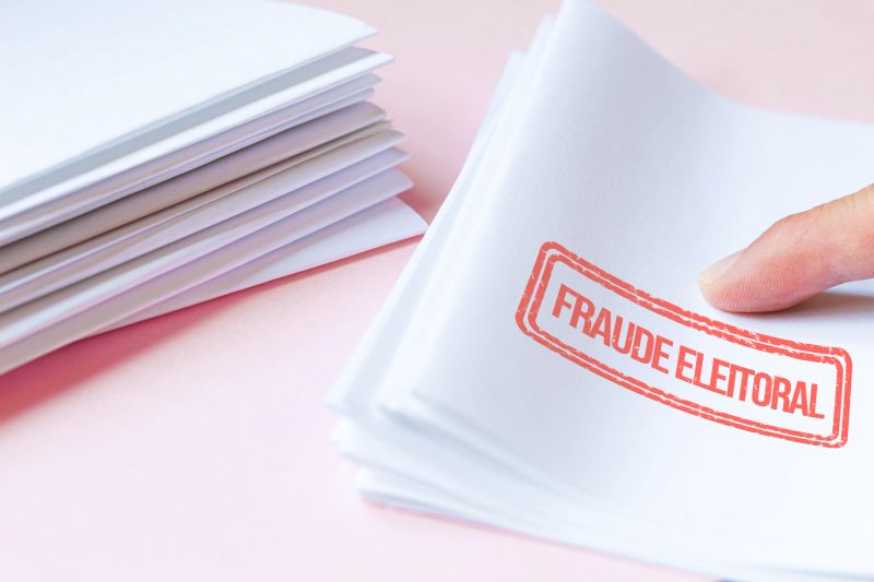 ELECTORAL FRAUD stamp in Portuguese applied to a stack of ballots, concept of irregularities and manipulation in elections