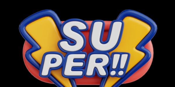 Colorful 'SUPER!!' text with lightning bolts.