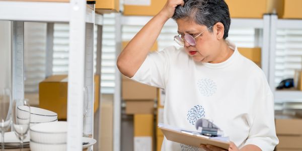 Woman looking confused while checking inventory clipboard.