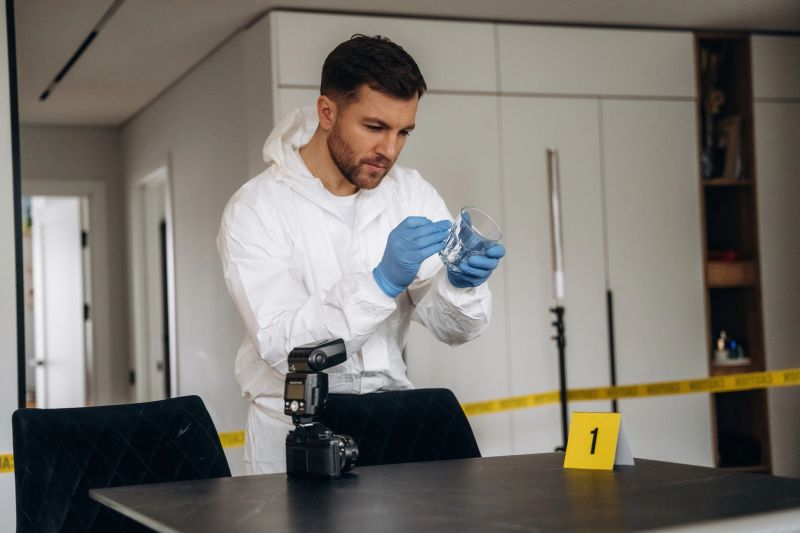 Forensic specialist in a white suit inspects a sample in a lab, with a camera and evidence marker on the table, yellow tape indicating a crime scene