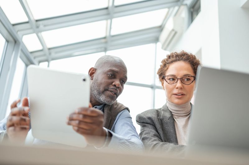 Two diverse business professionals collaborating on a project