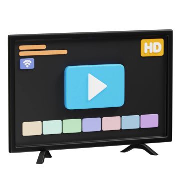 A black TV with HD and Wi-Fi icons on screen, showing a play button.