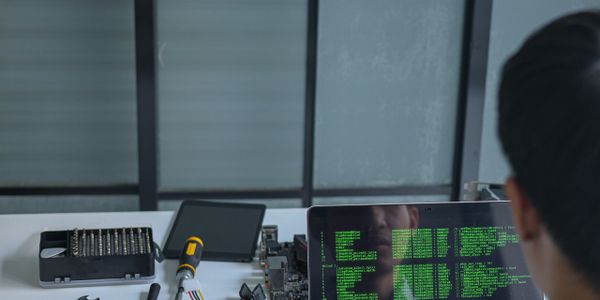 Person working on computer hardware with code on screen and tools nearby.