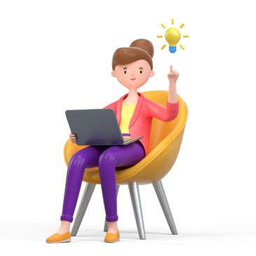 Woman with laptop having a bright idea, symbolized by a glowing light bulb.
