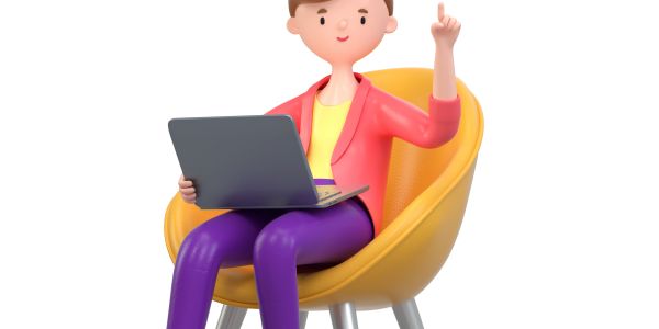 Illustration of person sitting on yellow chair with laptop, raising finger.