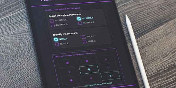 Tablet screen showing a logical reasoning assessment with selected answers and a stylus beside it.