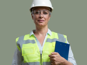 Confident female engineer in safety gear holding a clipboard.