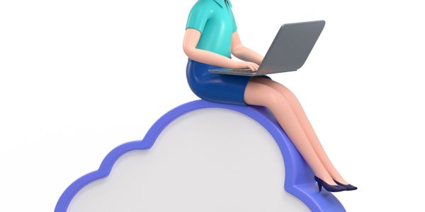 Person sitting on a cloud icon working on a laptop.