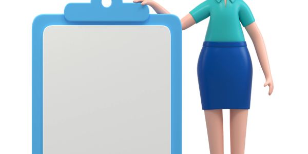 3D woman in business attire holding a blank clipboard.