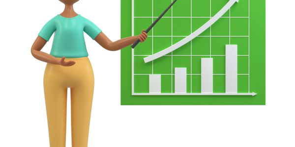 3D character pointing at a rising bar graph on a green board.