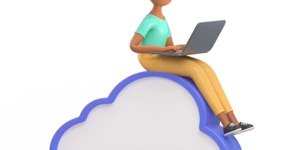 Person sitting on a cloud using a laptop.