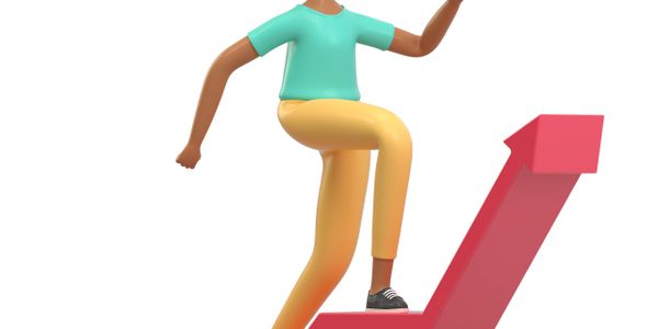 3D person climbing a red upward arrow symbolizing growth.