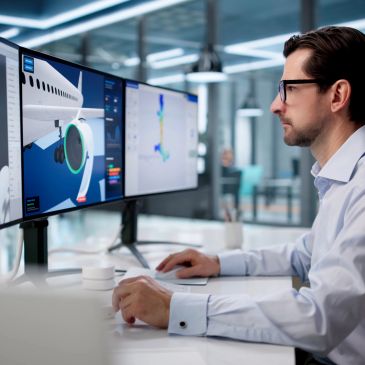 Engineer analyzing aircraft design on computer screens.