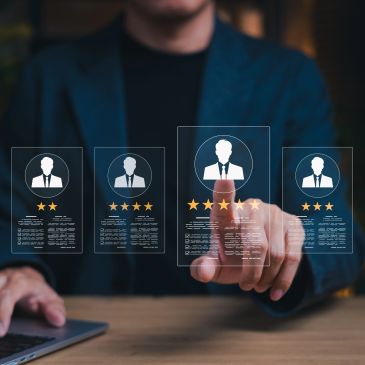 Person selecting a candidate with a five-star rating on a virtual screen.