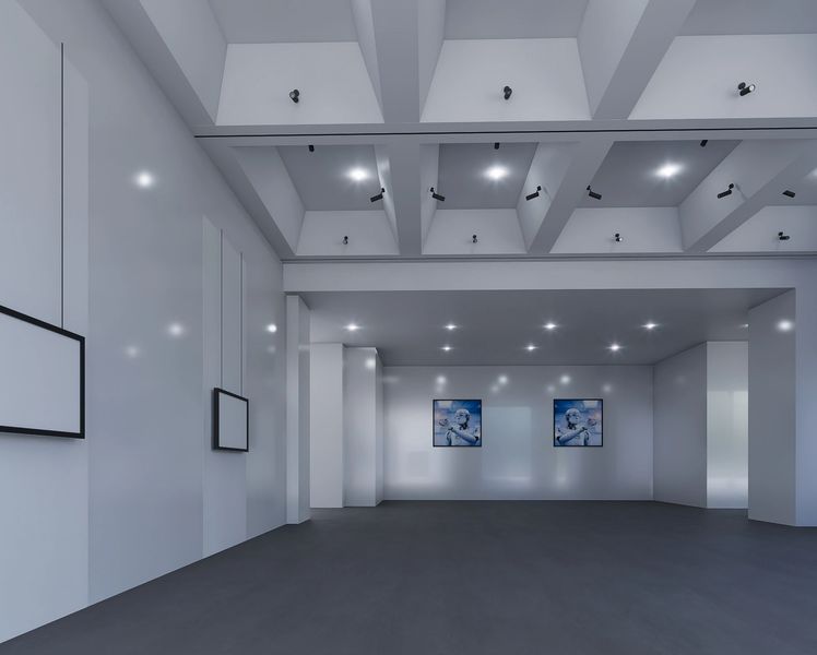 Minimalist art gallery with spotlights and two paintings.