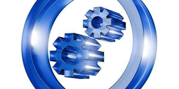 Two blue gears inside a blue circular frame.