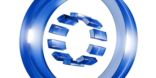 3D blue circular abstract shape with segmented inner ring.