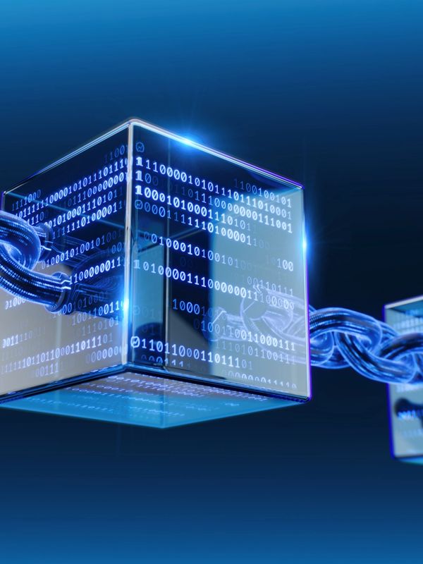 Digital blockchain concept with binary code on interconnected transparent blocks.