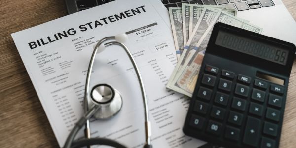 Medical billing statement with stethoscope, cash, and calculator.