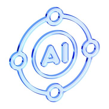 Blue 3D AI symbol with orbiting circles on white background.