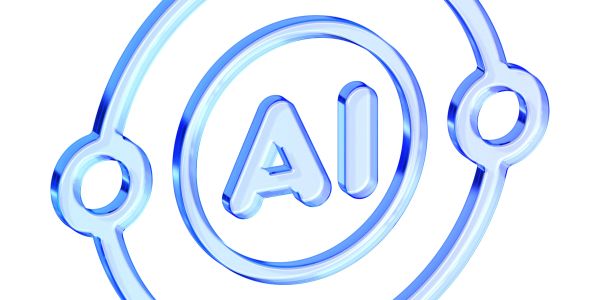 Blue 3D AI symbol encircled by connected rings on white background.