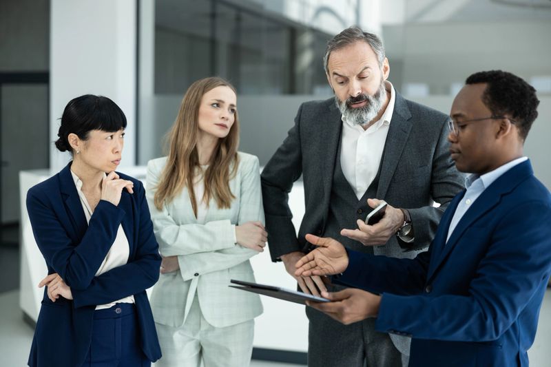 Four diverse business professionals collaborating during a discussion, planning and communicating corporate ideas in a modern office