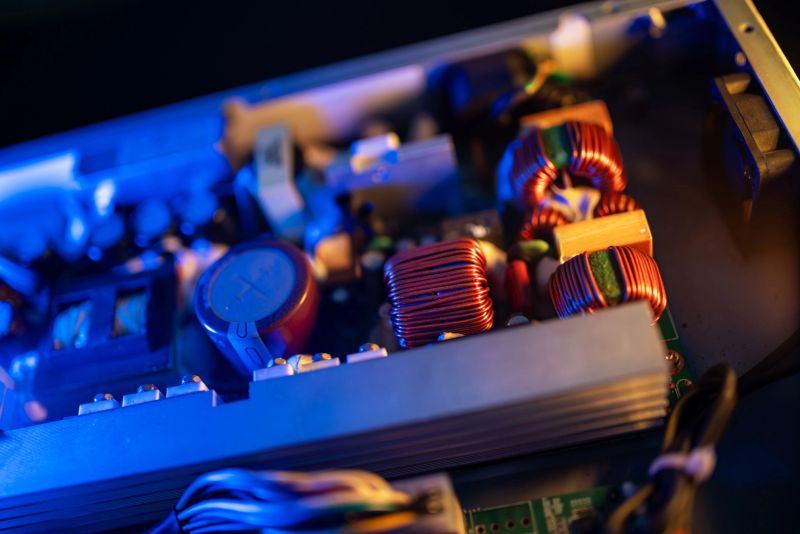 This close-up image showcases various electronic components, including coils and capacitors, reflecting the intricate nature of modern technology and engineering.