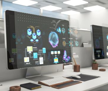 Futuristic AI technology display on a desktop computer screen.