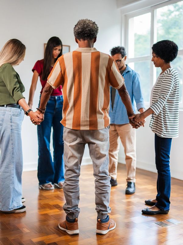 Group holding hands in a circle indoors.