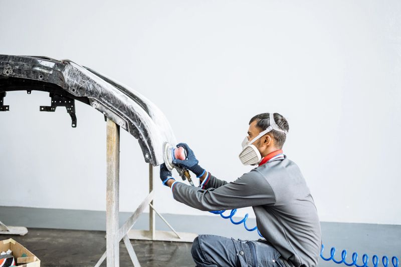 A man wearing a mask is sanding a car part in a workshop, focusing on his task with precision and care.
