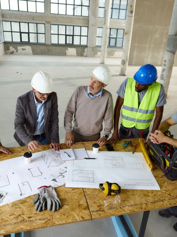 Engineers and construction workers reviewing blueprints at a construction site.