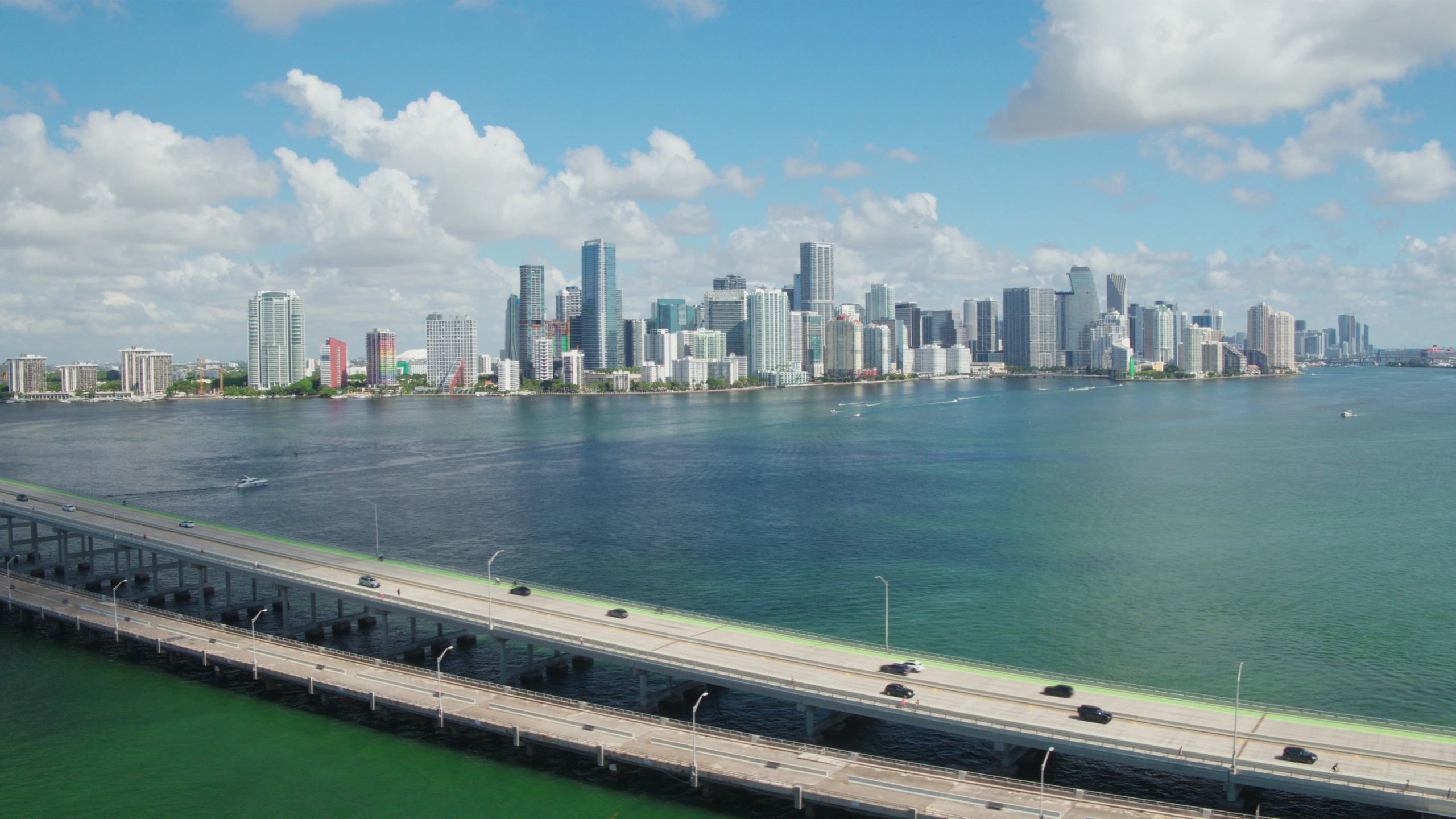 Brickell skyline and Rickenbacker Causeway across Biscayne Bay, Miami.