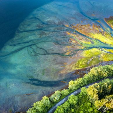 Aerial view of a river delta meeting the ocean beside a forest.