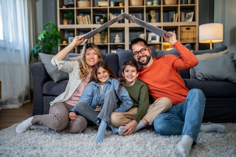 Happy family of four sitting on the living room floor, parents forming a roof shape over children, symbolizing home protection and security