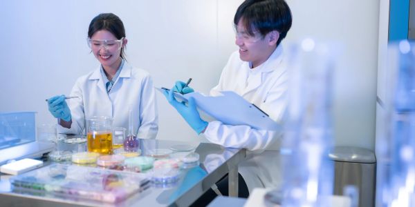 Two scientists working happily in a lab.