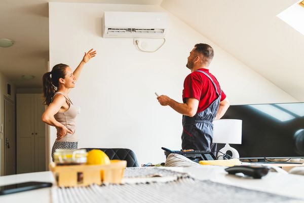 Technician and woman checking air conditioner installation.