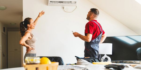 Woman and technician checking an air conditioner.