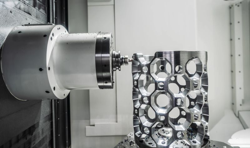 CNC milling machine processing an aluminum aerospace part.Precision CNC milling of an aluminum metal component in industrial machining center with visible shavings, advanced manufacturing technology