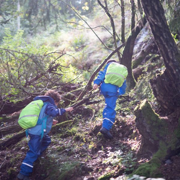 Two children hiking uphill in a forest with green backpacks.