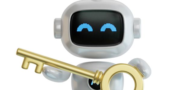Cute robot holding a large golden key with a happy expression.