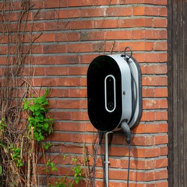 EV Charger fastened to a red brick wall, with some green plants growing to the left.