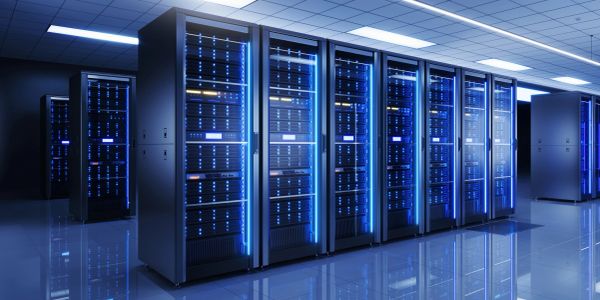 A row of server racks in a data center.