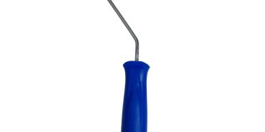 Blue-handled paint roller frame with angled metal rod.