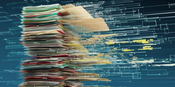A stack of paper files transforming into digital data streams.