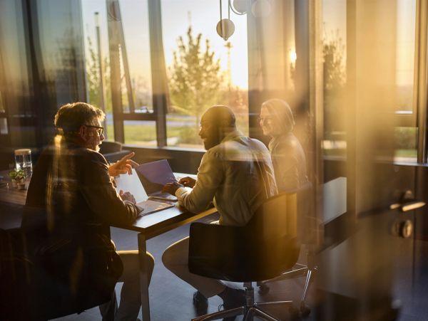 Team collaborating in a bright office