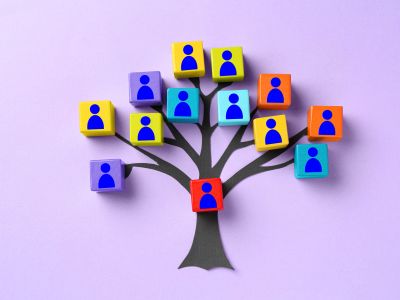 Family tree made of colorful blocks with user icons.