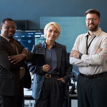 Une équipe professionnelle souriante en bureau technologique.