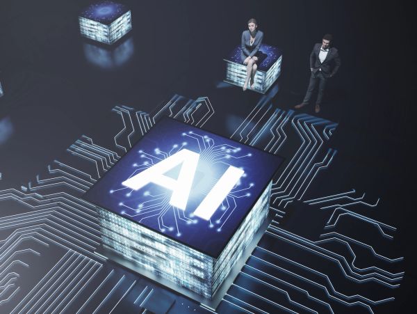 AI microchip on a blue circuit board.