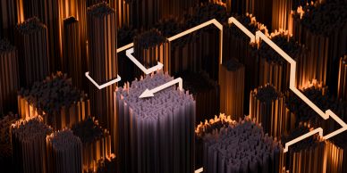 Abstract cityscape with glowing pathways and tall structures.