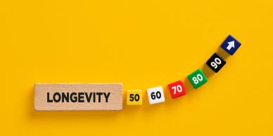 Blocks showing longevity and ages from 50 to 90 with an upward arrow.